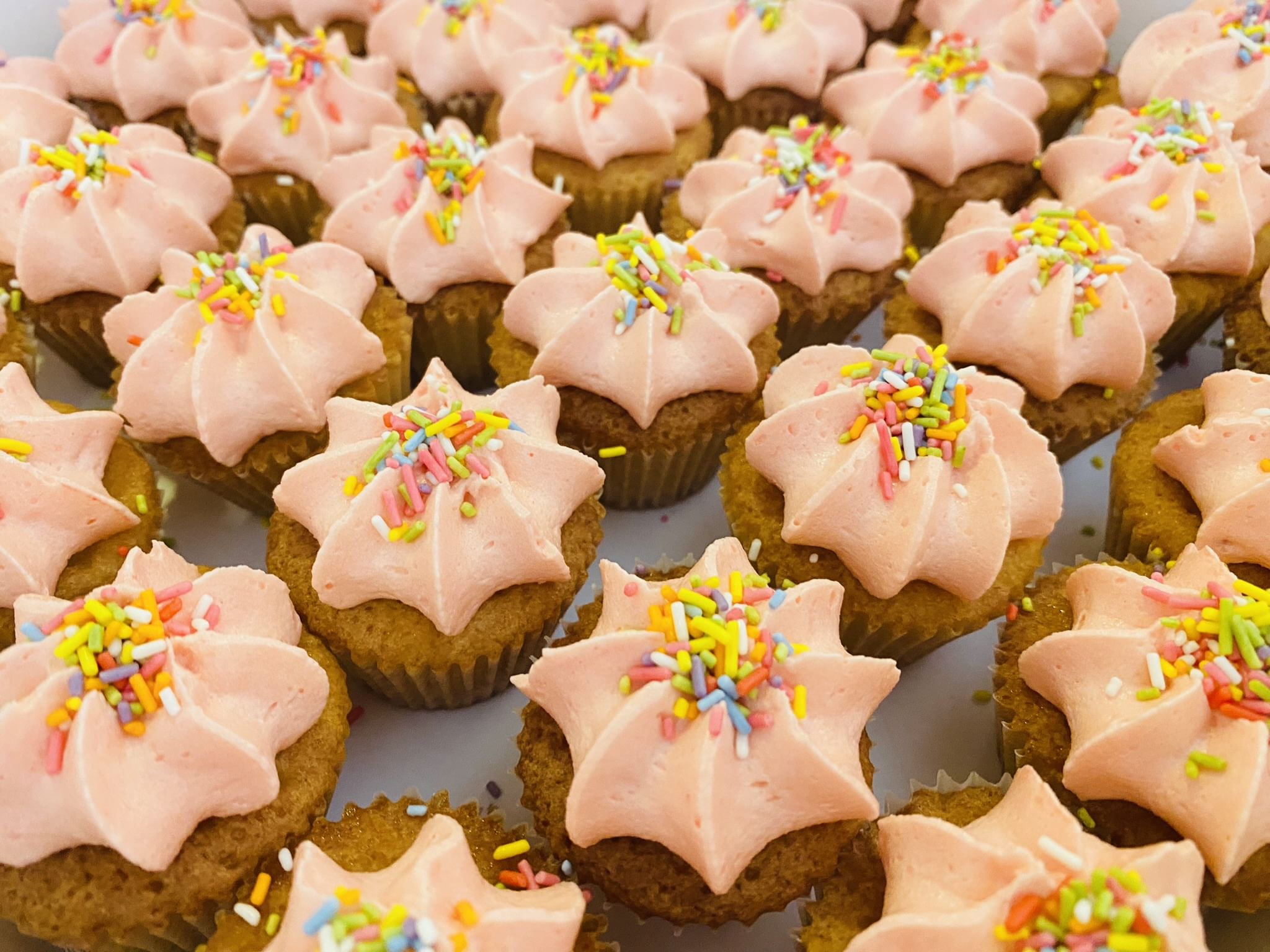 A close-up view of numerous Mini Vanilla Cupcakes topped with pink vanilla buttercream frosting and colorful sprinkles. The cupcakes are uniformly arranged, creating an appealing and festive display sure to satisfy any sweet tooth.